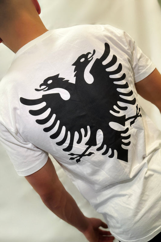 White tee Albanian Eagle emblem on back