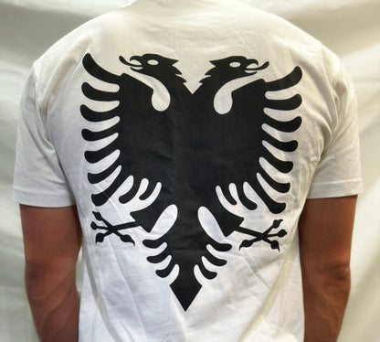 White tee Albanian Eagle emblem on back